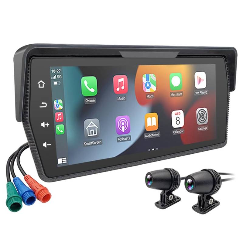 Boddceto Tragbarer 6,86-Motorrad-DVR, Kabelloses Carplay, Android Auto-Bildschirm, GPS-Display, Monitor mit AHD-Kameras von Boddceto