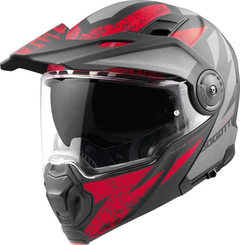 Bogotto FG-102 Safari Fiberglas Enduro Klapphelm, schwarz matt/grau/rot, XL von Bogotto