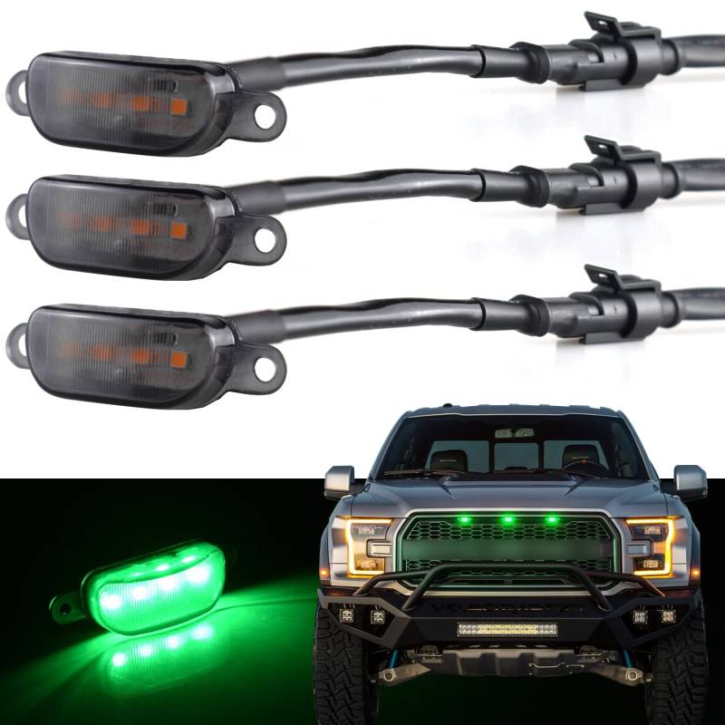 Boigoo Kühlergrill-Leuchten für Dodge Ram 1500 2013-2018 & Ford F-150 Raptor 2004-2019, Auto-Gittergitter (grün – rauchfarbene Linse) von Boigoo