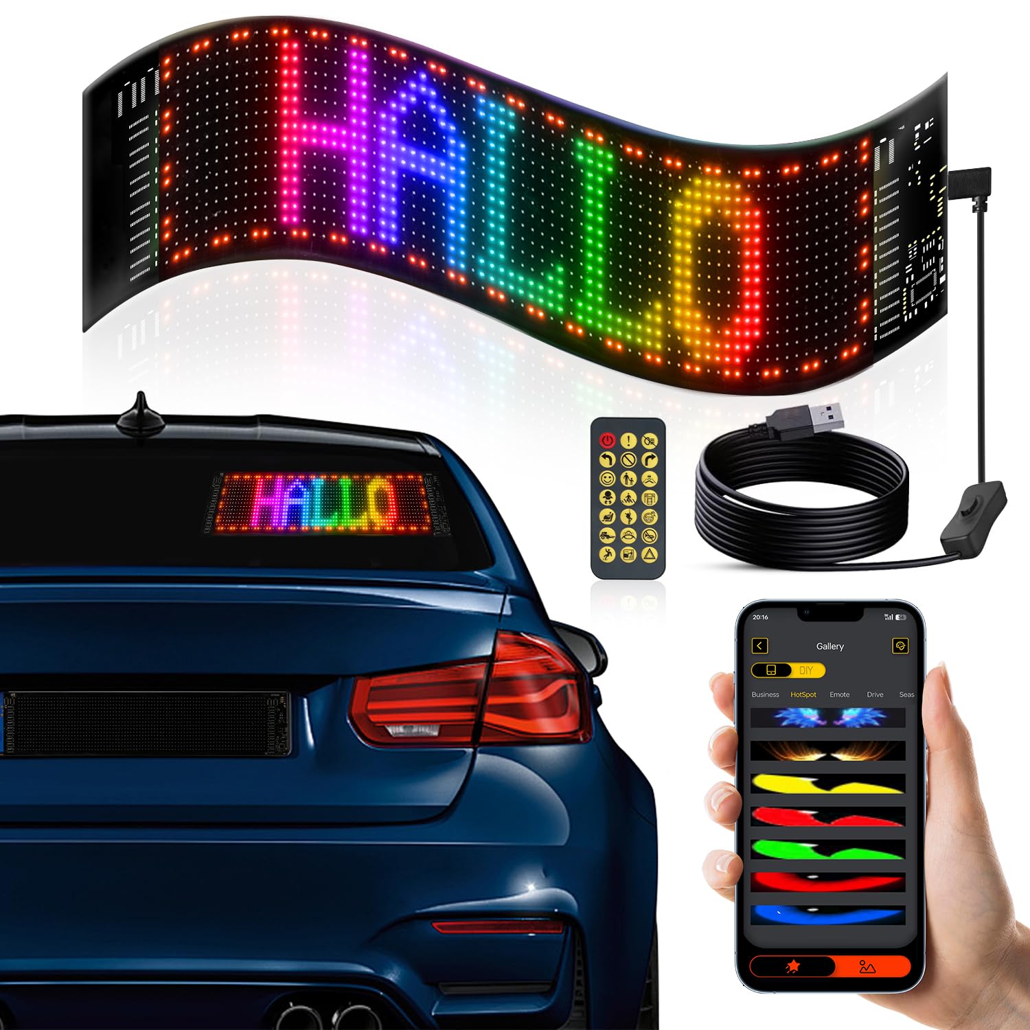 BokiHuk LED Laufschrift Programmierbar, 34.8x10.2cm Flexible LED Anzeigetafel mit App und Fernbedienung, RGB LED Matrix Panel Augen für Auto, LKW, Bar, Geschäfte, DIY, Partydekoration LED Schild von BokiHuk