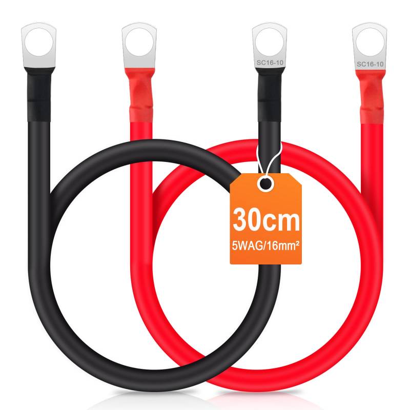 Bolatus 2 Stück Batteriekabel 30cm 5WAG/16mm² Batterie-Kabel 12V Kupferkabel Kupfer Stromkabel mit M10 Ringklemmen Autobatterie Kabel KFZ Kabel für bspw. Versorgungsbatterien und Traktionsbatterien von Bolatus