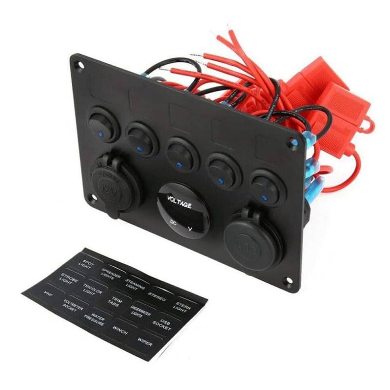 Bolvina 5-Gang-Schalttafel, 12 V/24 V Inline-Sicherungskasten, LED-Schalttafel, Dual-USB-Buchse, Steckdose, LED-Voltmeter für Boots- von Bolvina