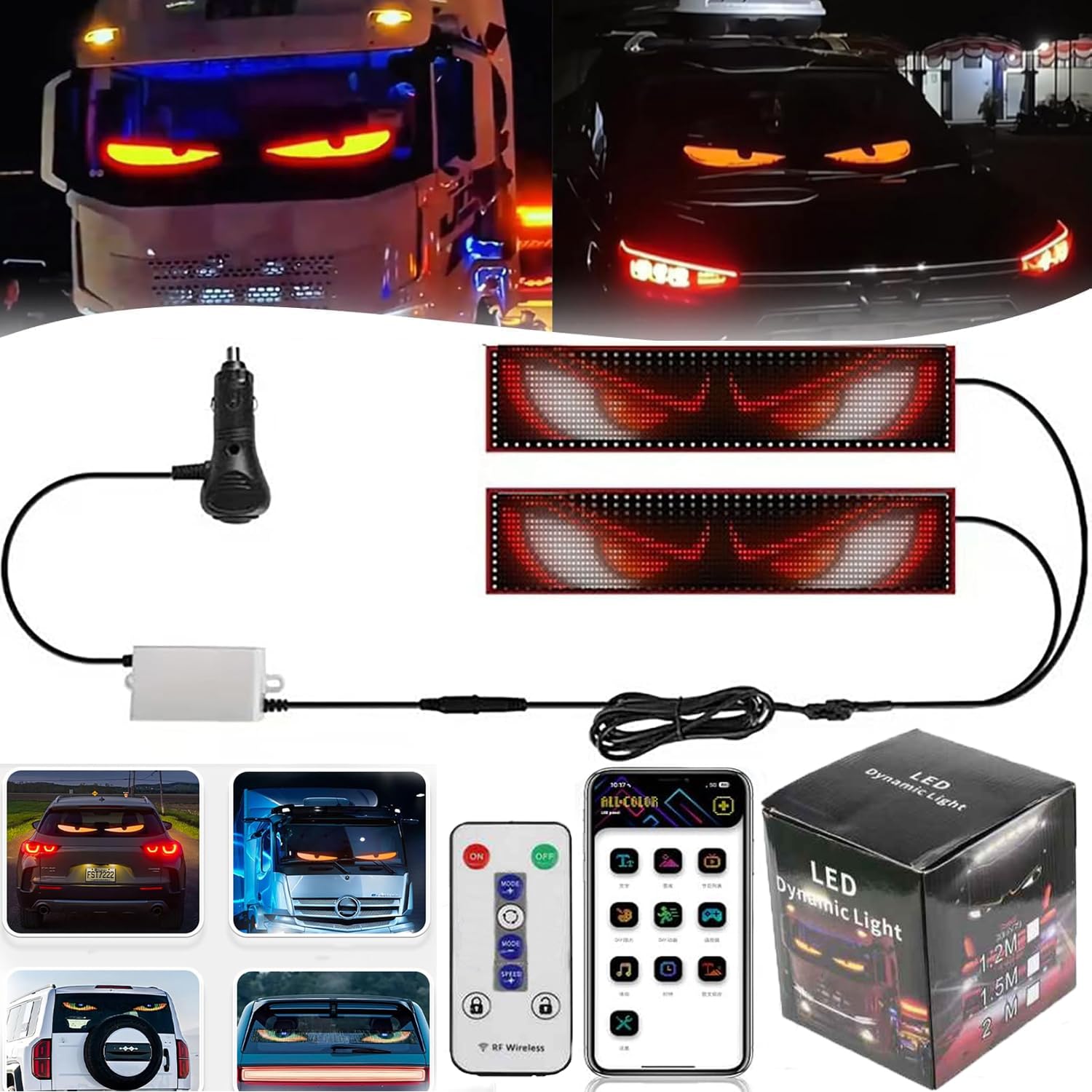 2PCS Teufelsaugen-Lichter für Autos - LED Augen für Auto, Programmierbarer Flexibler LED Display Auto mit APP-Steuerung und Fernbedienung, DIY Auto Dynamische LED Display für Jedes Auto (16.6 X 60CM) von BomKra