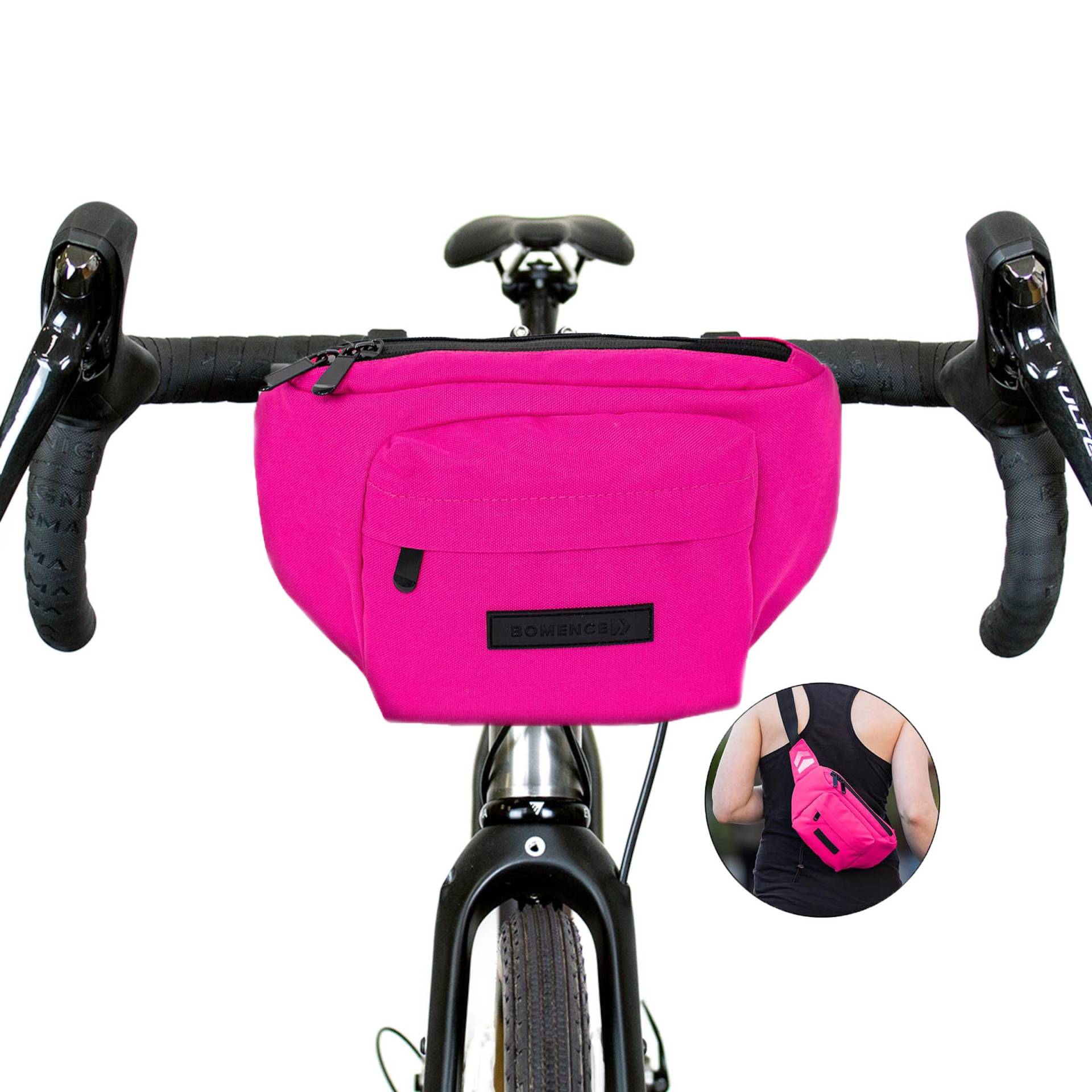 Bomence kleine Fahrrad Lenkertasche Hüfttasche 2-in-1, Gürteltasche, nachhaltige Bauchtasche aus recycelten Plastikflaschen PET, kleine Fahrradtasche vorne (Pink) von Bomence