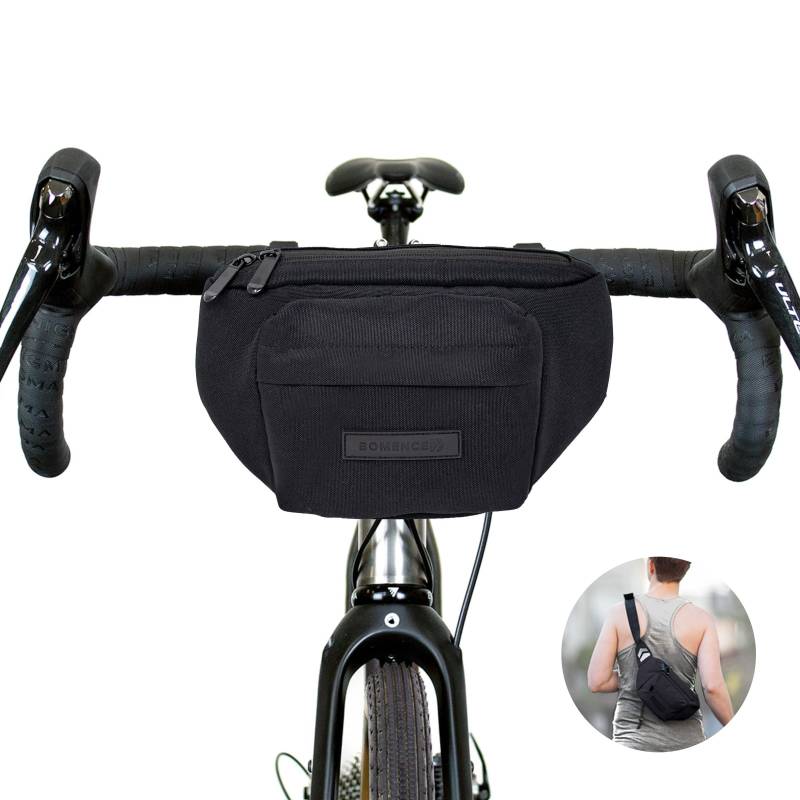 Bomence kleine Fahrrad Lenkertasche Hüfttasche 2-in-1, Gürteltasche, nachhaltige Bauchtasche aus recycelten Plastikflaschen PET, Fahrradtasche vorne (Schwarz) von Bomence