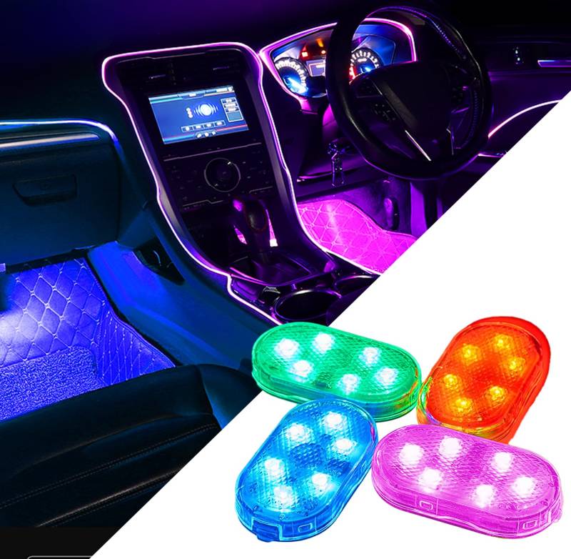 Car Led Interior Light, 4 Stück LED-Licht RGB 7 Farben Ambiente-Beleuchtung für Auto, wiederaufladbare Mobile Autozubehör Innenraum Auto Nachtlicht von Bonlux