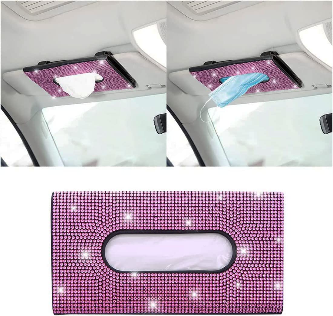 Bling Auto Tissue Halter Tissue Holder PU-Leder und Kunstkristall, Car Serviettenhalter Glitzer-Tücherbox für Auto-Sonnenblende glitzernder Kristall-Taschentuchhalter für Damen(Rosa) von Bonnoeuvre