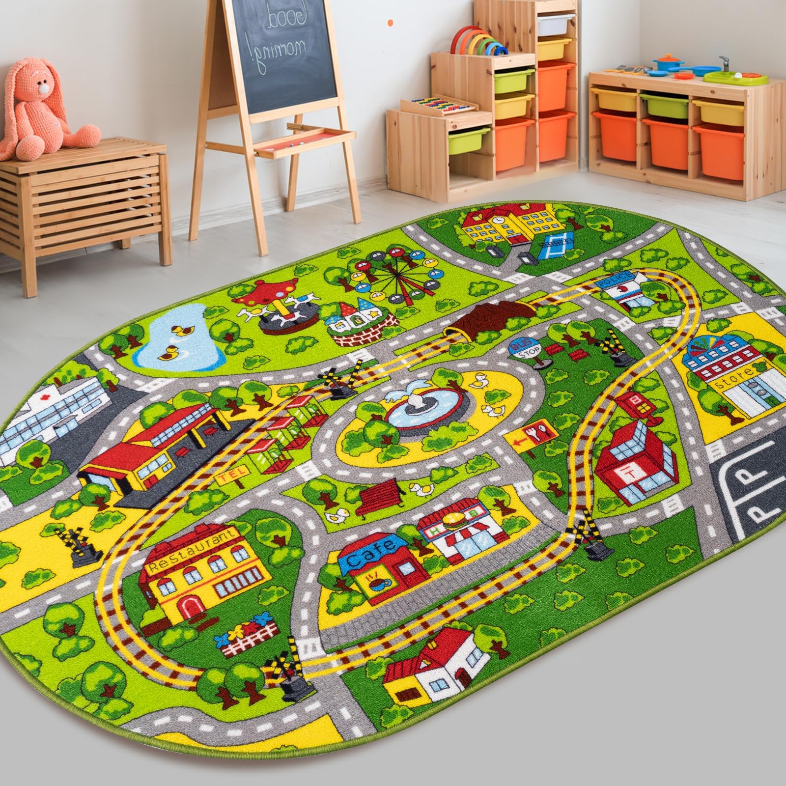 Booooom Jackson Autoteppich, Straßenteppich, Kinder-Teppiche für Spielzimmer, ovaler Teppich, Auto-Teppich, Spielmatte, Auto-Matte für Kinder, Spielzeugautos, Rennauto-Track-Teppich, Auto-Spielteppich von Booooom Jackson