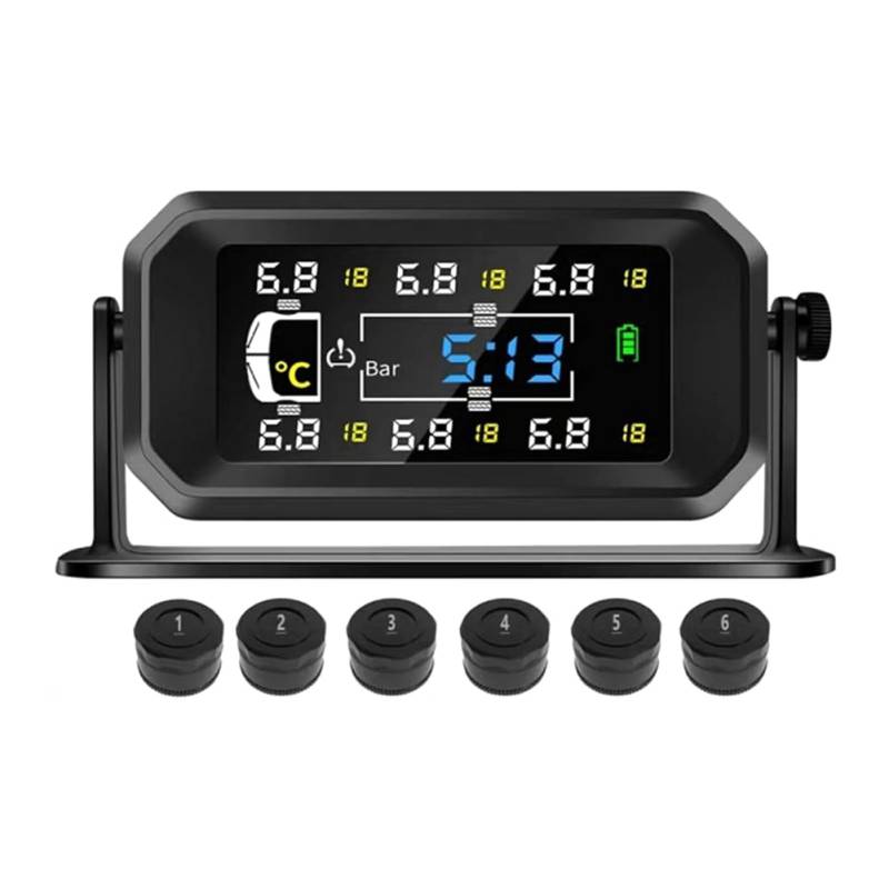 Booso Auto RV Truck TPMS 6 Sensor Solar Reifendrucküberwachungssystem Temperatur Uhr Luftdruckanzeige Alarm A von Booso