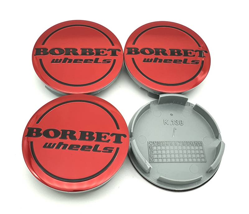 4X Original Borbet Nabendeckel 56mm | Felgendeckel | Nabenkappe Rot Schwarz Center Cap Deckel NEU! von Borbet