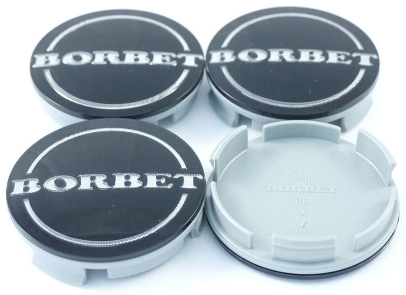 4X Original Borbet Nabendeckel Felgendeckel Nabenkappe Schwarz Glanz Silber 55mm - 56mm 74404 von Borbet