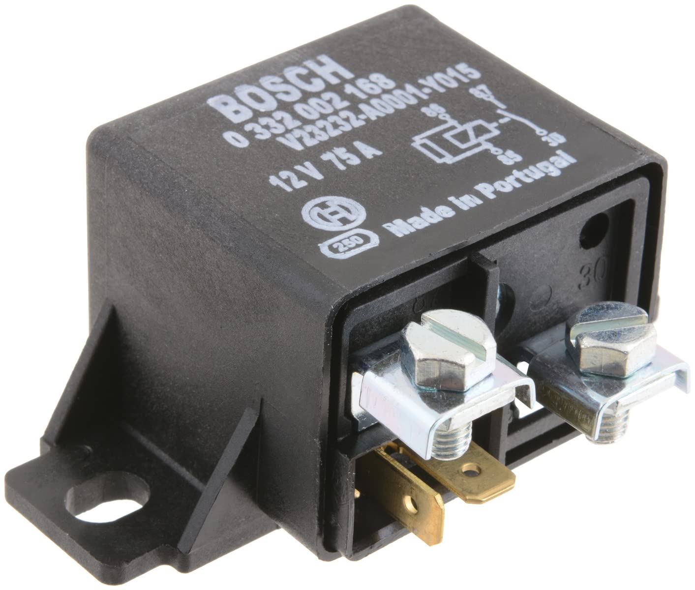 Bosch 0332002168 Leistungsrelais 12V 75A, IP5K4, Betriebstemperatur von -20° C bis 100° C, Schließer-Relais, 4 Pins von Bosch Automotive