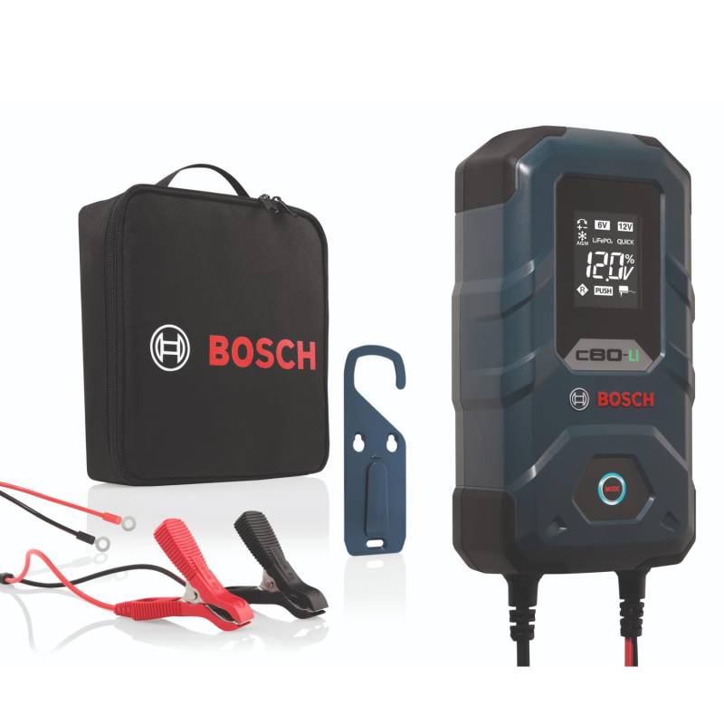 Bosch C80-Li Batterieladegerät, 15 Ampere, mit Erhaltungsladungs-Funktion - Autobatterie-Ladegerät für 6 V / 12 V Blei-Säure-, AGM-, EFB-, Gel-, SLI- Batterien sowie 12 V Lithium- (LiFePO4) Batterien von Bosch