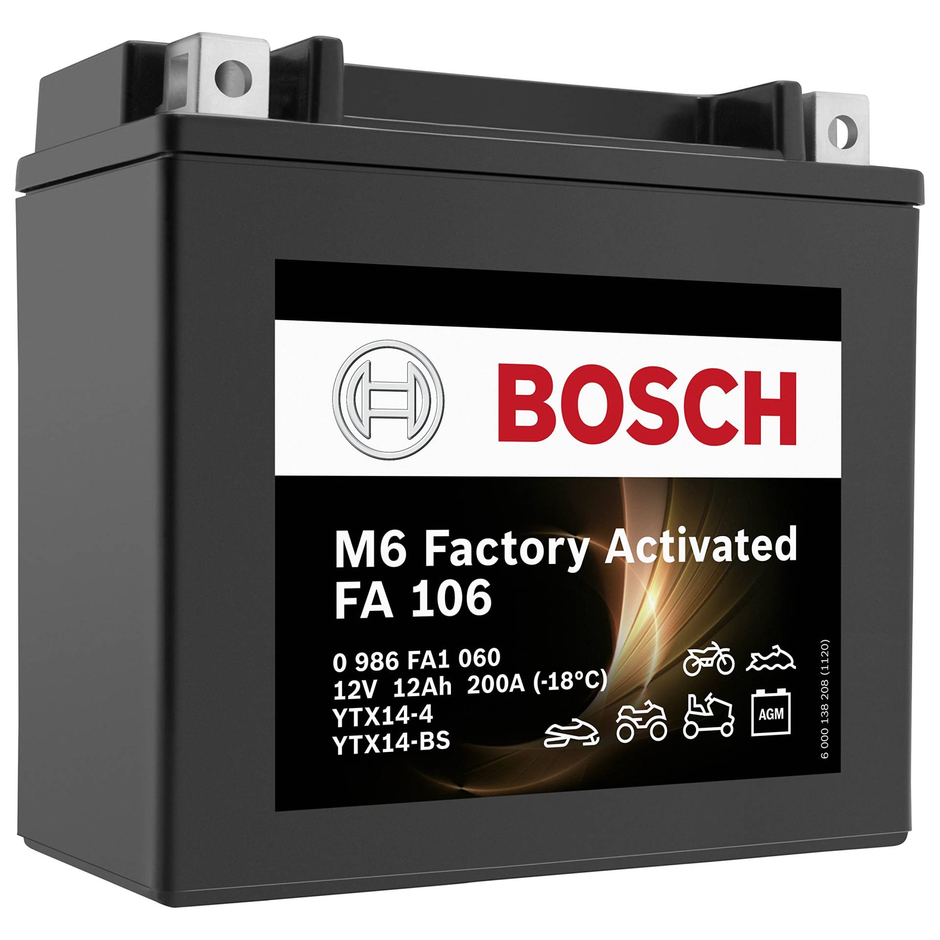 Bosch FA106 - AGM-Motorradbatterie - 12V 200A 12Ah - Geeignet für Motorräder, Motorräder, Enduros, Roller, Quads, Jetskis - Kompatibel M6018, BTX14-BS, BTX14 von Bosch Automotive