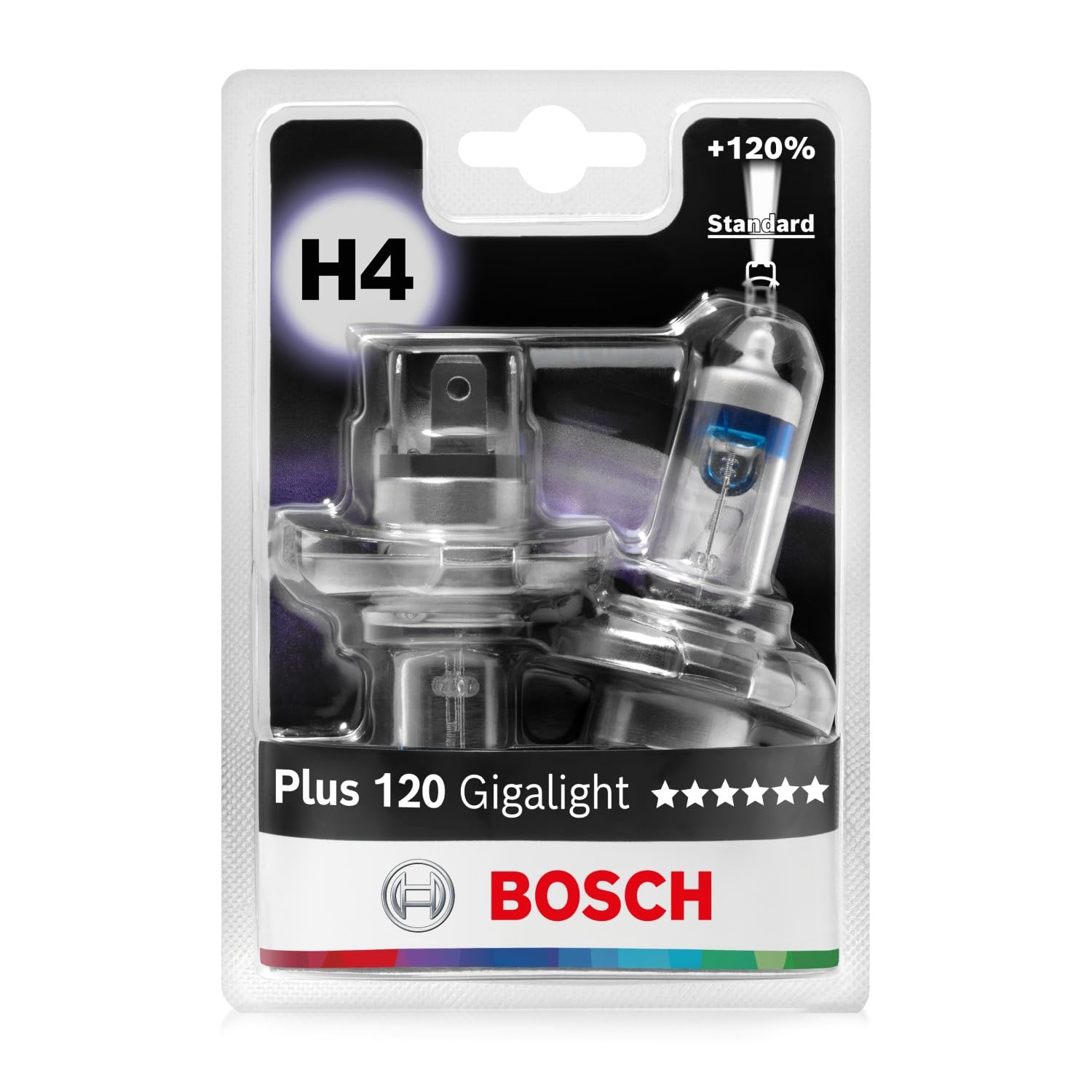 Bosch H4 Plus 120 Gigalight Halogen-Glühlampe für Auto-Scheinwerfer, 12 V 60/55 W, 120 % mehr Licht - Lampensockel Typ P43t - 2er-Pack Ersatz-Scheinwerferlampen von Bosch Automotive