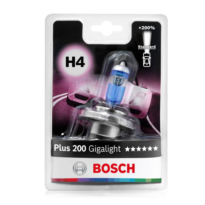 Bosch H4 Plus 200 Gigalight Halogen-Glühlampe für Auto-Scheinwerfer, 12 V 60/55 W, 200% mehr Licht - Lampensockel Typ P43t - 1 Ersatz-Scheinwerferlampe von Bosch Automotive