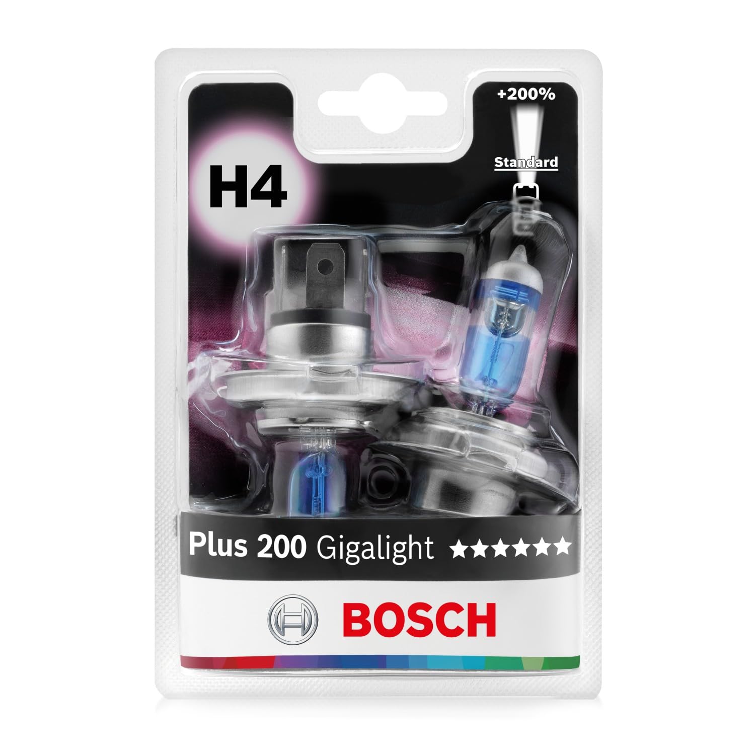 Bosch H4 Plus 200 Gigalight Halogen-Glühlampe für Auto-Scheinwerfer, 12 V 60/55 W, 200% mehr Licht - Lampensockel Typ P43t - 2er-Pack Ersatz-Scheinwerferlampen von Bosch Automotive