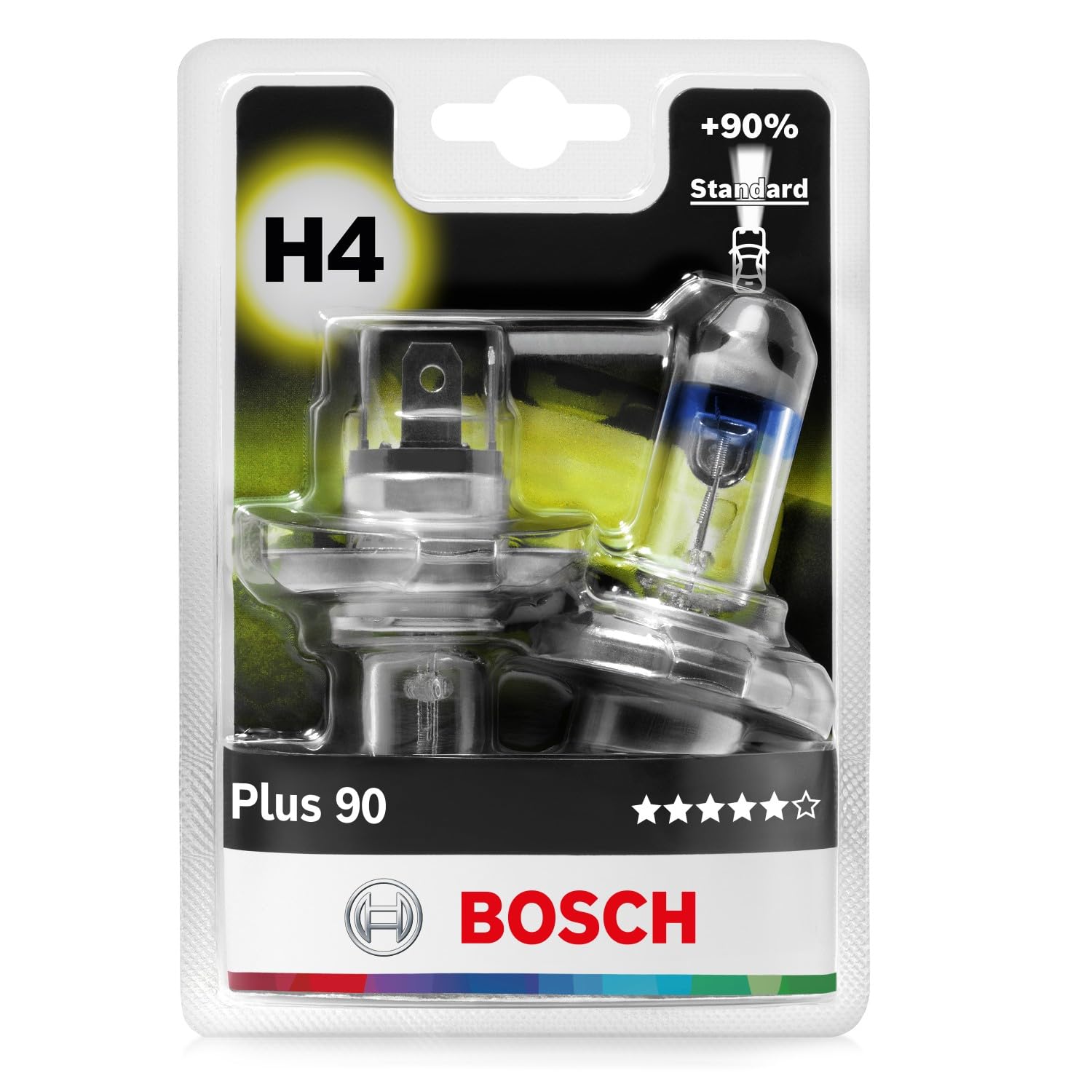 Bosch H4 Plus 90 Halogen-Glühlampe für Auto-Scheinwerfer, 12 V 60/55 W, 90% mehr Licht - Lampensockel Typ P43t - 2er-Pack Ersatz-Scheinwerferlampen von Bosch