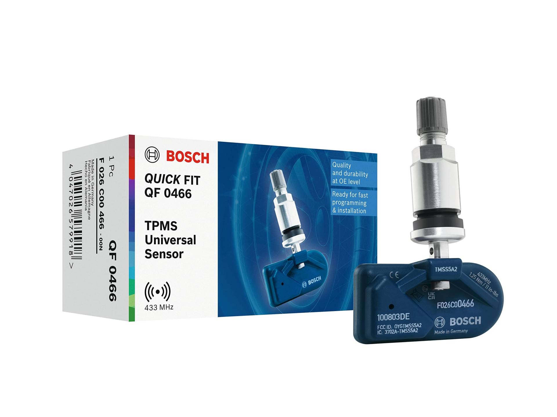 Bosch F026C00466 - QF0466 - Programmierbarer Quick FIT RDKS-Sensor - TPMS Reifendrucksensor mit silberfarbenem Metallventil - 433,92 MHz von Bosch Automotive