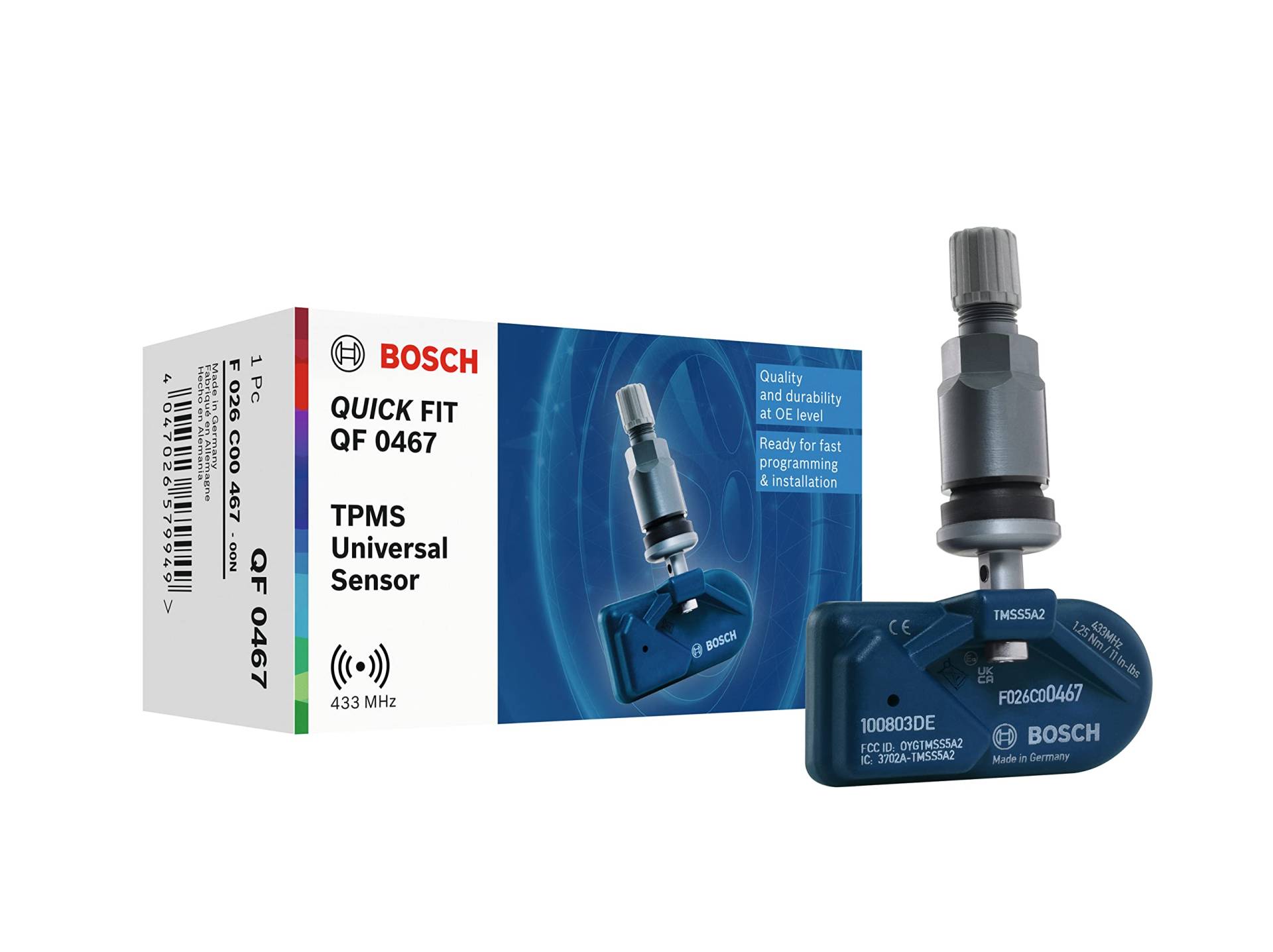 Bosch F026C00467 - QF0467 - Programmierbarer Quick FIT RDKS-Sensor - TPMS Reifendrucksensor mit anthrazitfarbenem Metallventil - 433,92 MHz von Bosch