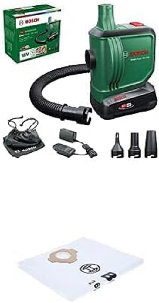 Bundle of Bosch elektrische Luftpumpe/Luftpumpe für Luftmatratze EasyInflate 18V-500 (1x 2,0 Ah Akku; 18 Volt System; zum Aufblasen und Entleeren; im Karton) + Bosch 4x Vlies Staubsaugerbeutel von Bosch Home and Garden