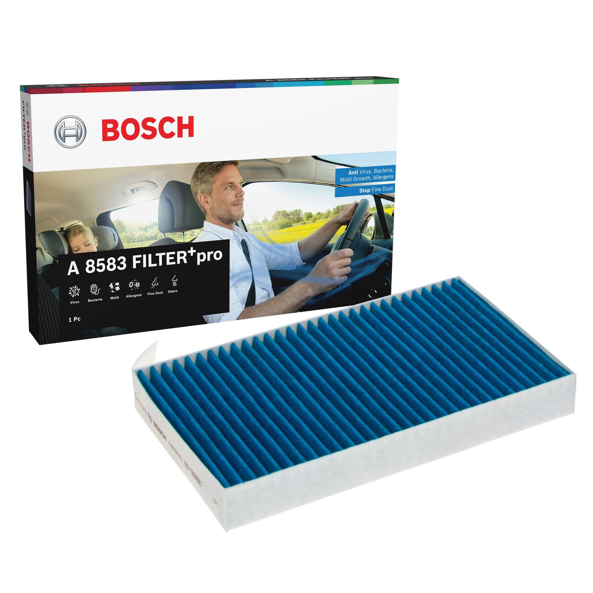 Bosch A8583 - Innenraumfilter FILTER+pro antibakteriell, wirksam gegen übel riechende Gase, Viren, Schimmel, Feinstaub und Allergene von Bosch Automotive