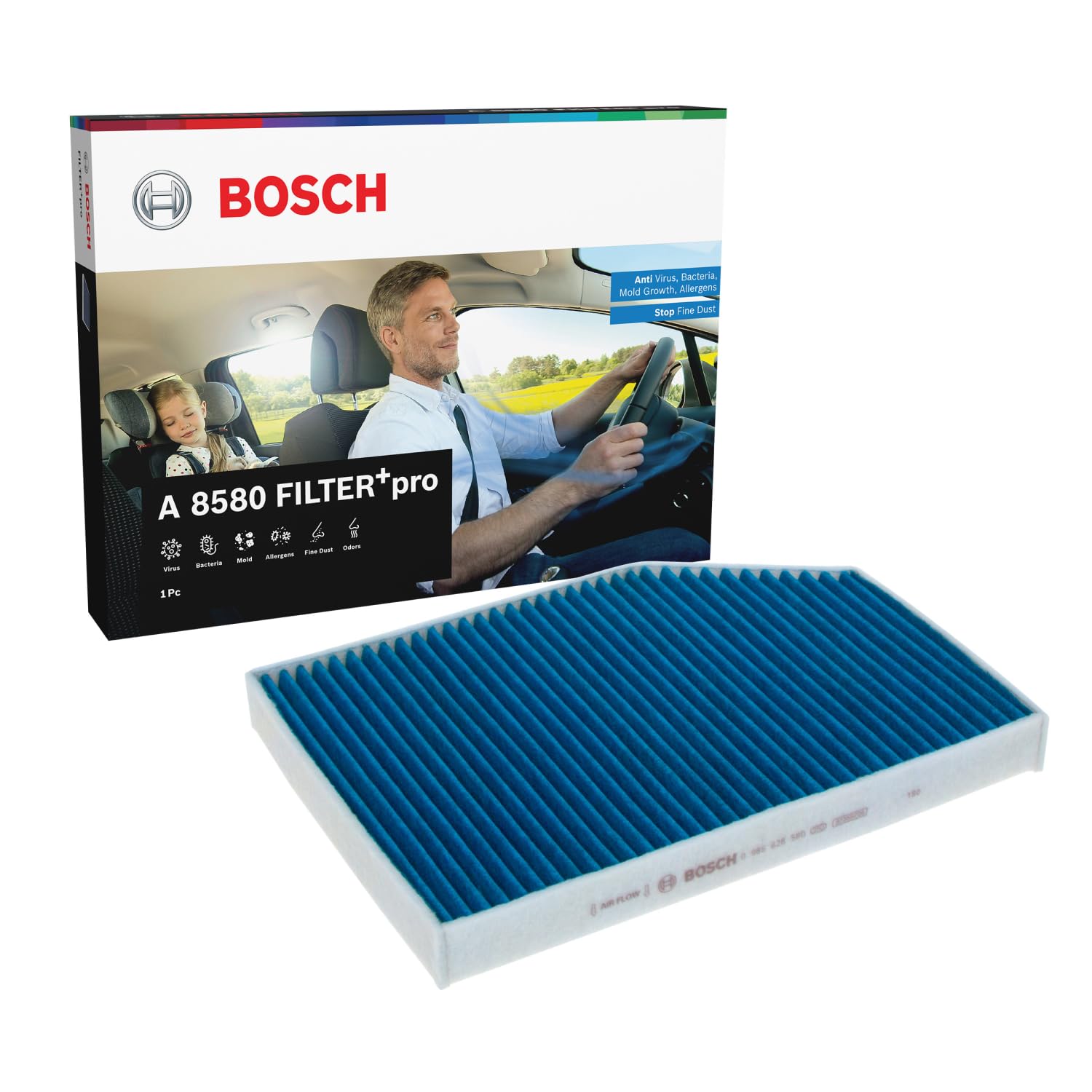 Bosch A8580 FILTER+pro Innenraumfilter - hocheffizienter Ersatzfilter - filtert effektiv Pollen, Feinstaub, Schimmel, Bakterien und Viren - für bessere Luftqualität im Fahrzeuginnenraum von Bosch Automotive