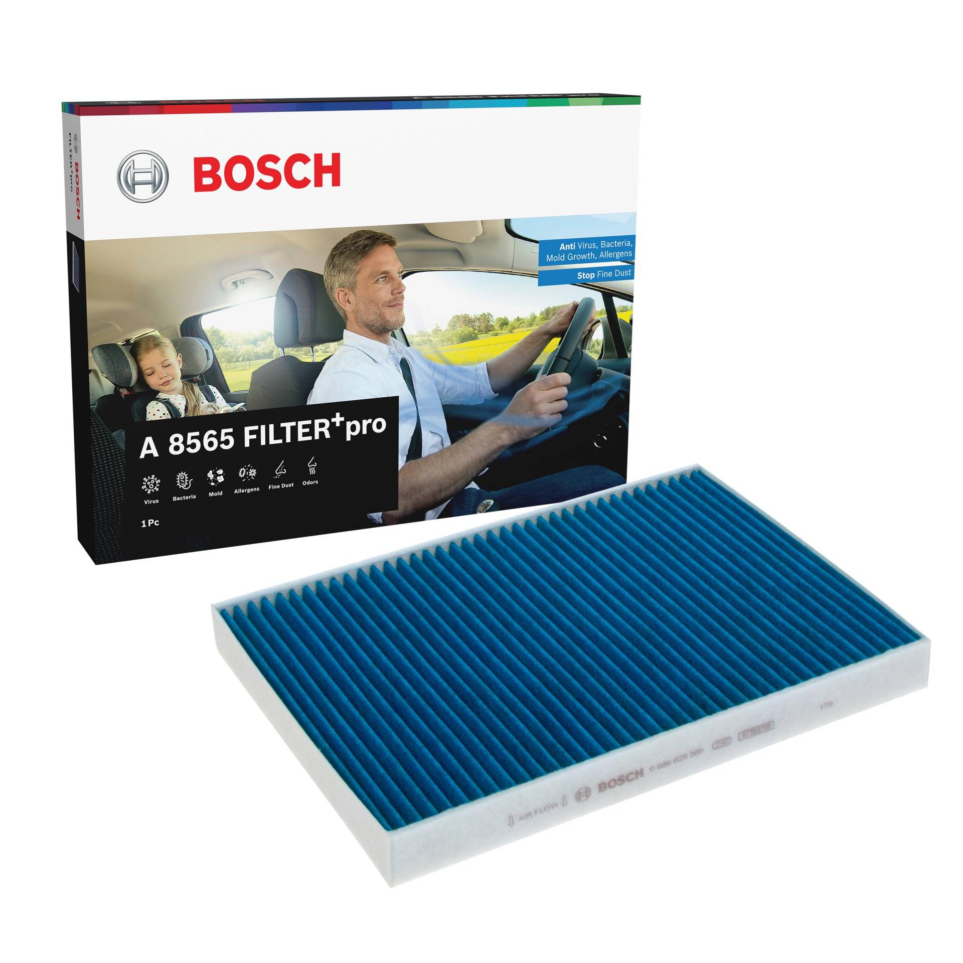 Bosch A8565 - Innenraumfilter FILTER+pro antibakteriell, wirksam gegen übel riechende Gase, Viren, Schimmel, Feinstaub und Allergene von Bosch Automotive