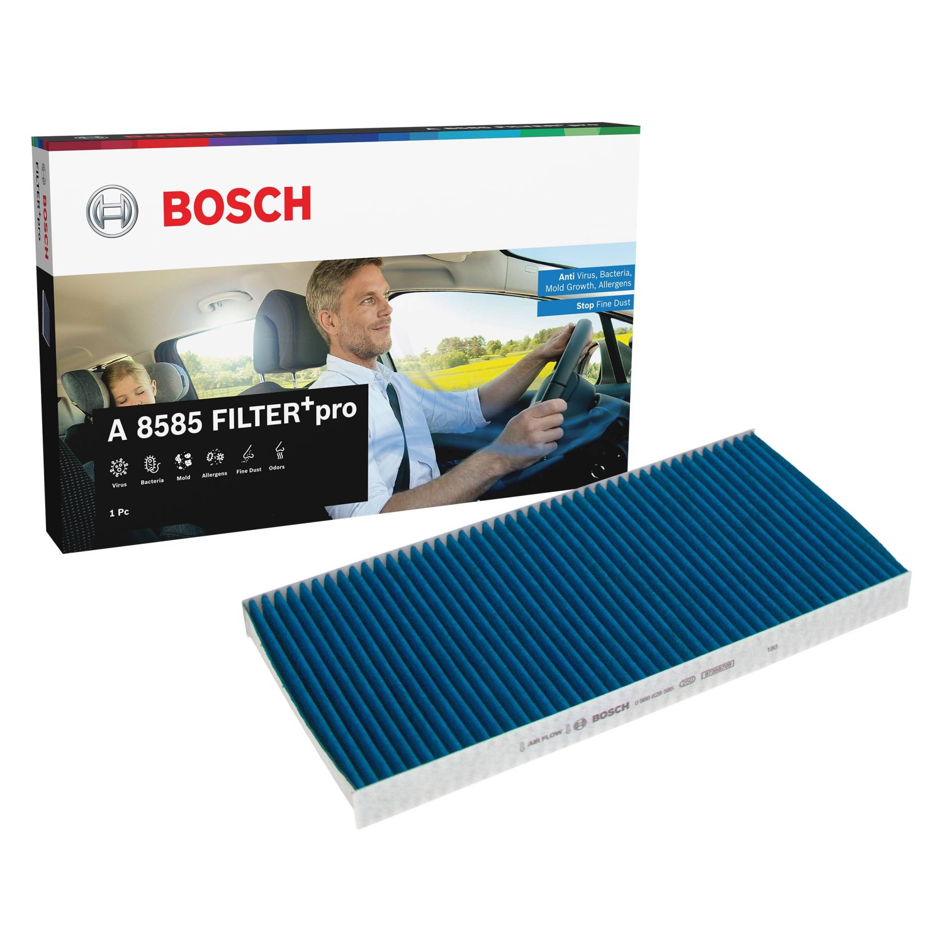 Bosch A8585 - Innenraumfilter FILTER+pro antibakteriell, wirksam gegen übel riechende Gase, Viren, Schimmel, Feinstaub und Allergene von Bosch