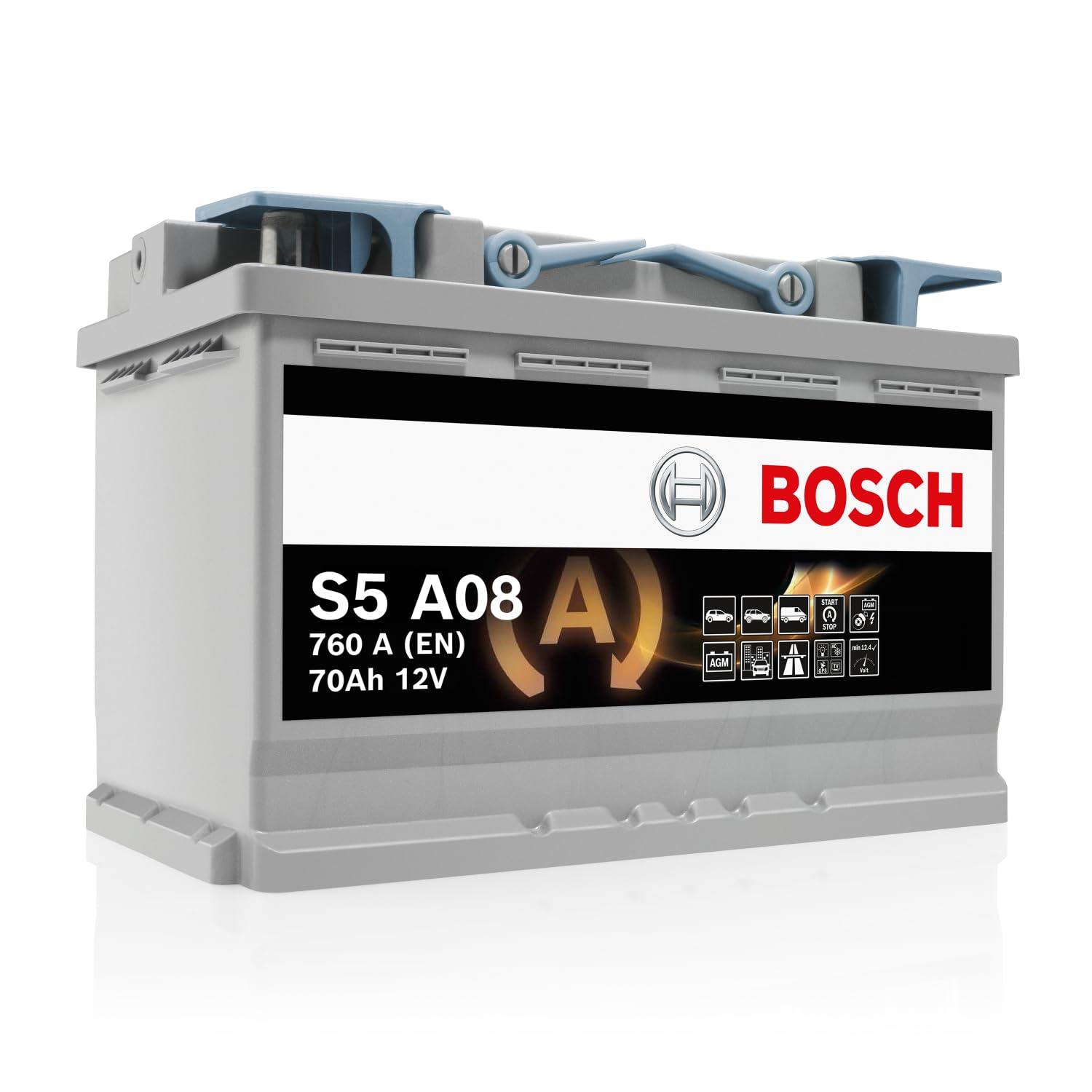 Bosch S5 A08 Autobatterie 70 Ah - 760 A - 12 V, AGM Blei-Säure-Batterie für Fahrzeuge mit Start-Stopp-Automatik und Bremsenergierückgewinnung - Polarität: links - rechts +, 278 x 175 x 190 mm von Bosch