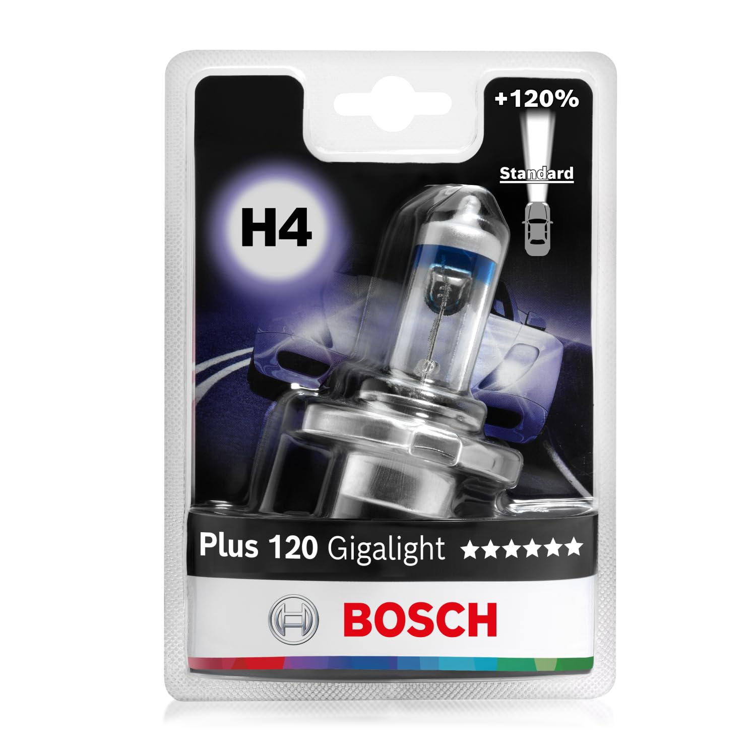 Bosch H4 Plus 120 Gigalight Halogen-Glühlampe für Auto-Scheinwerfer, 12 V 60/55 W, 120 % mehr Licht - Lampensockel Typ P43t - 1 Ersatz-Scheinwerferlampe von Bosch