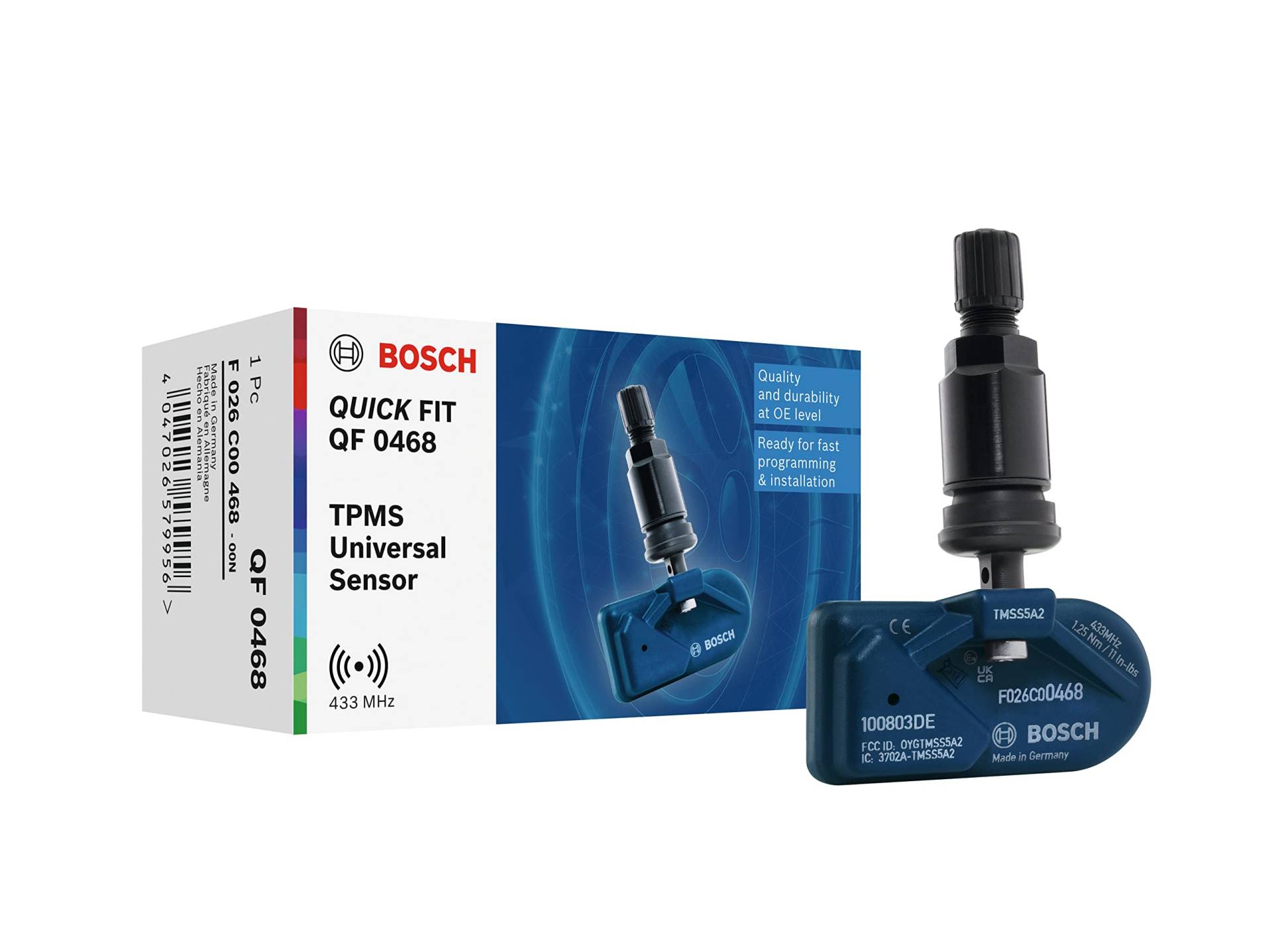 Bosch F026C00468 - QF0468 - Programmierbarer Quick FIT RDKS-Sensor - TPMS Reifendrucksensor mit schwarzem Metallventil - 433,92 MHz von Bosch Automotive