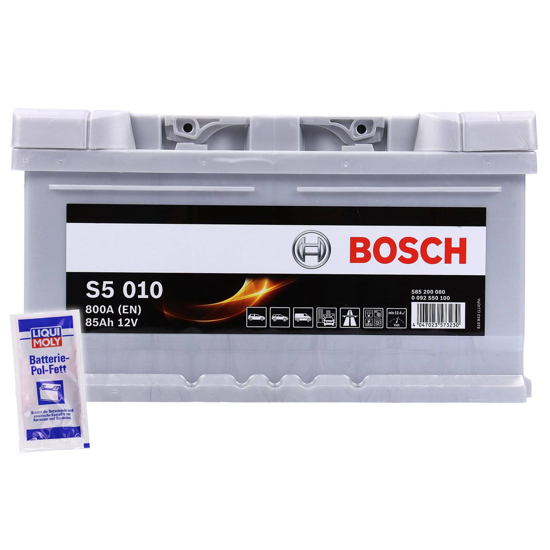 BOSCH S5 010 85Ah 12V 800A AUTOBATTERIE STARTERBATTERIE PKW KFZ BATTERIE ERSETZT 77Ah 79Ah 80Ah 82Ah 84Ah + 1x BATTERIEPOLFETT von Bosch