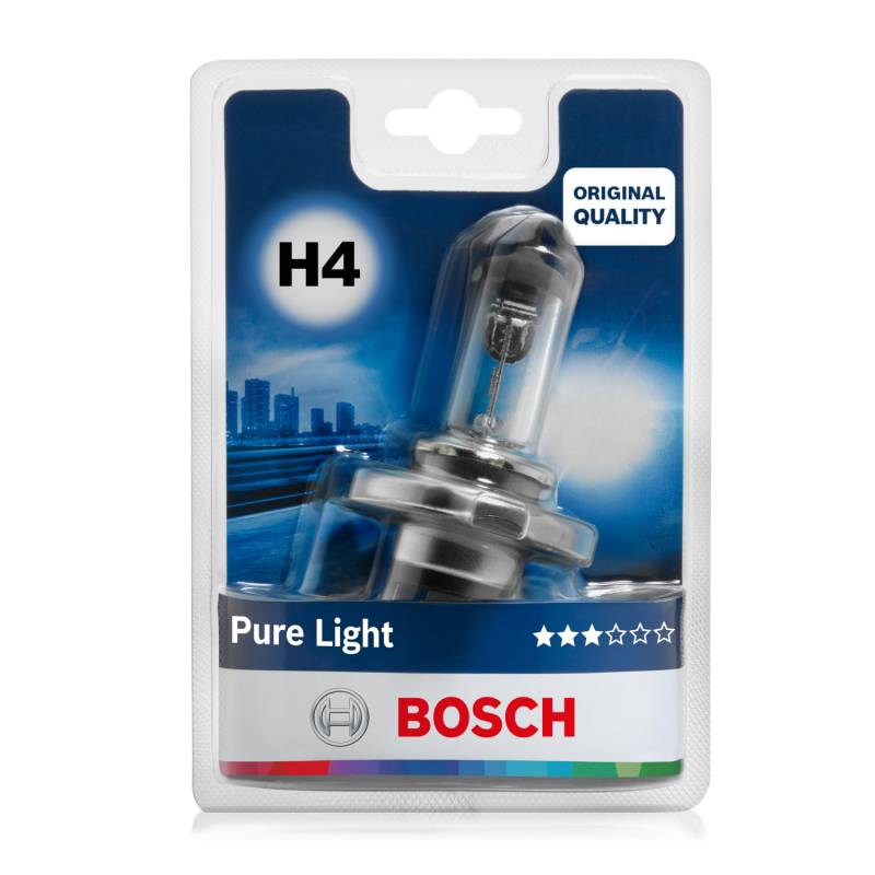 Bosch H4 Pure Light Halogen-Glühlampe für Auto-Scheinwerfer, 12 V 60/55 W, in Originalqualität - Lampensockel Typ P43t - 1 Ersatz-Scheinwerferlampe von Bosch