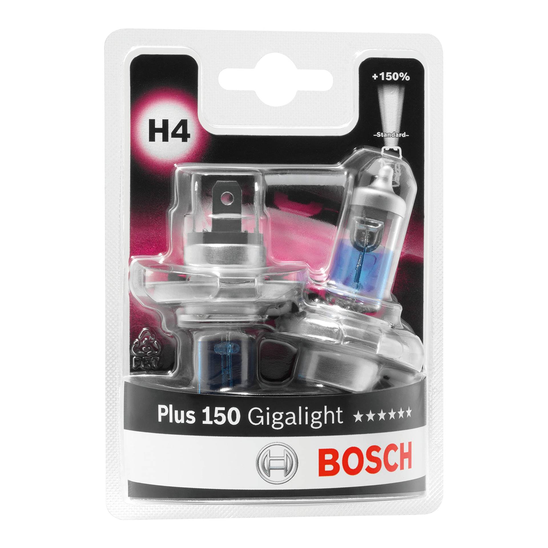 Bosch H4 Plus 150 Gigalight Halogen-Glühlampe für Auto-Scheinwerfer, 12 V 60/55 W, 150 % mehr Licht - Lampensockel Typ P43t - 2er-Pack Ersatz-Scheinwerferlampen von Bosch Automotive