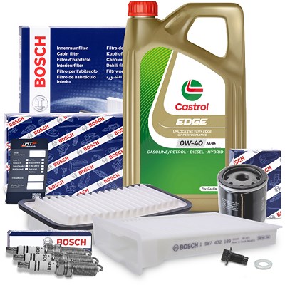 Bosch Inspektionspaket C + 5 L CASTROL 0W-40 für Citroën, Peugeot, Toyota von Bosch