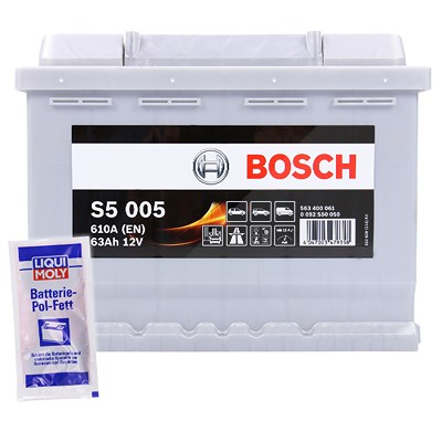 Bosch Starterbatterie S5 005 63Ah 610A 12V + 10g Pol-Fett [Hersteller-Nr. 0092S50050] für Skoda, Smart, Subaru, VW, Volvo, Toyota, Trabant, Opel, Niss von Bosch