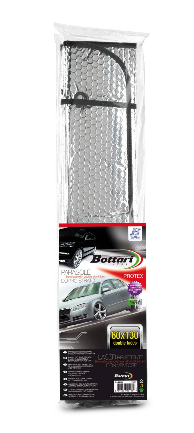 Bottari 22135 AluminiumSonnenschutz für Front und Heckscheiben Protex, Beidseitg benutzbar mit Saugnapf, 1 Teil, 60 x 130 cm von Bottari