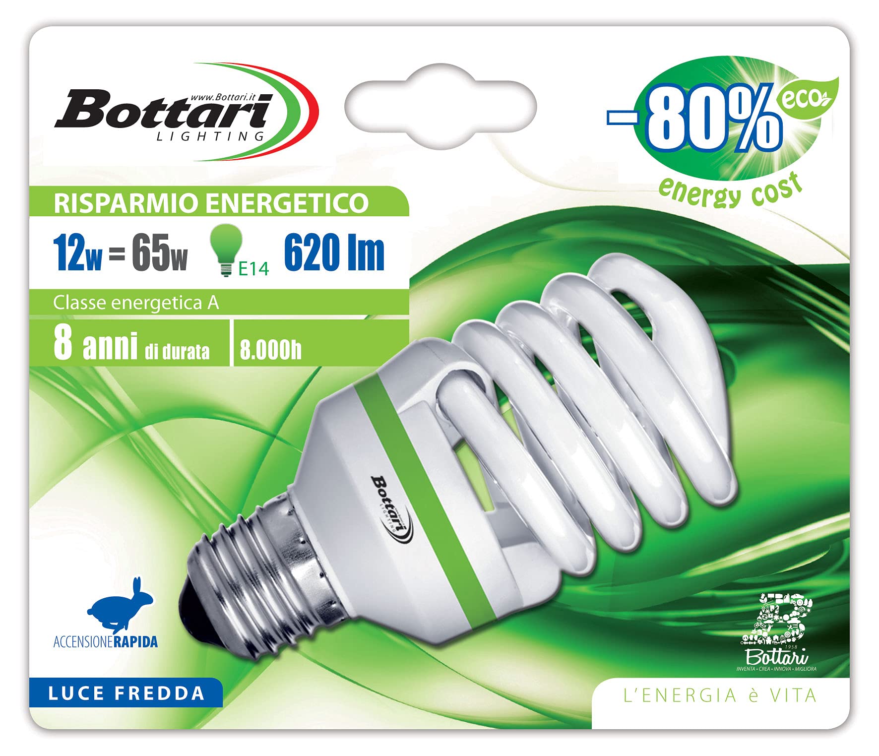 Bottari Lighting 97019, grüne Energie sparen, Standard-Lampe E14, Spiral, 65 W von Bottari