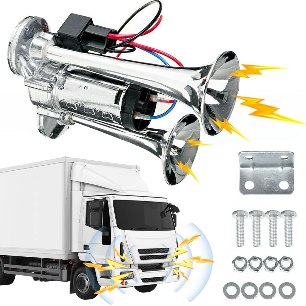 Universal Chrome 12V/24V Dual Trompete Air Horn Kit für LKW, Boot, Zug, Auto und Yacht - 600dB Super Loud Air Horn mit Kompressor für LKW, Camper, Pickup und Traktor von Bouncy