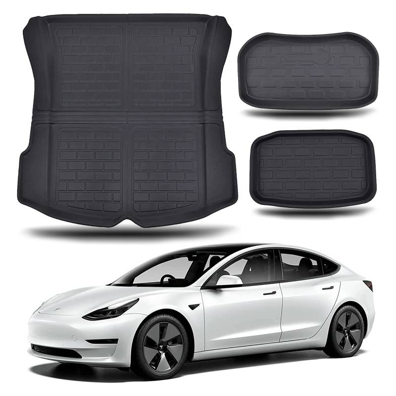 Bowfar Tesla Model 3 Kofferraummatte Anti Rutsch Wasserdichter Kofferraum Schutzmatte Vorne und Hinten Kofferraumwanne Auto Zubehör Innenraum Kompatibel mit Model 3 2023 2022 2021 [3 Stück] von Bowfar