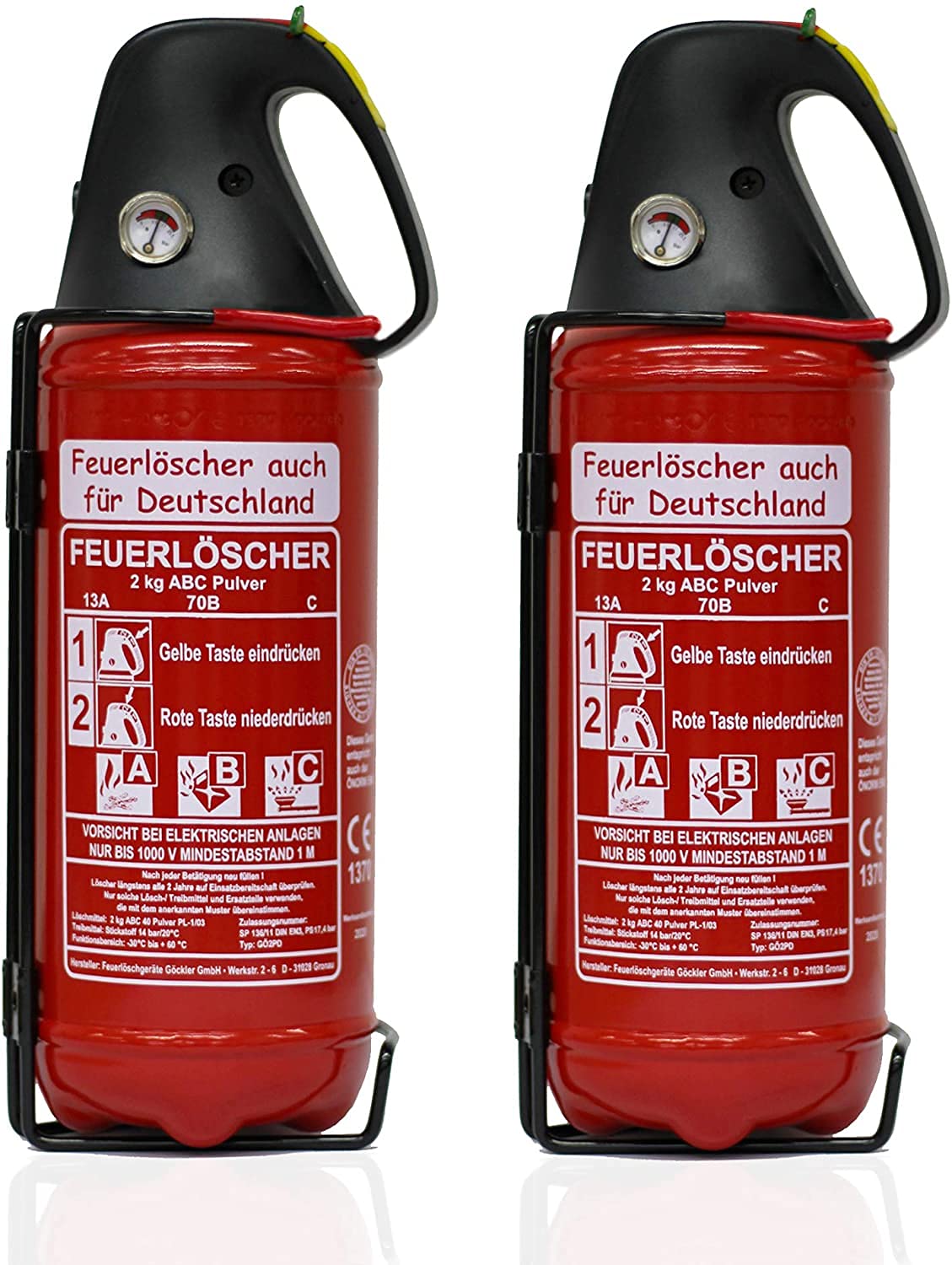 Brandengel 2X Premium Autofeuerlöscher 2kg Pulverlöscher Feuerlöscher, LKW PKW KFZ DIN EN 3 Manometer Halterung ABC (Ohne Prüfnachweis u. Jahresmarke) von Brandengel