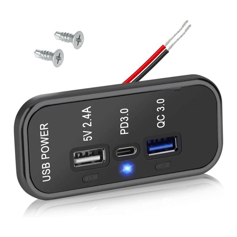 Breeshy 3-Port 12-V-USB-Steckdosenladegerät, PD3.0 Typ C, QC 3.0 USB A und 2,4 A USB A Schnellladegerät-Buchsenadapter für Auto Marine von Breeshy