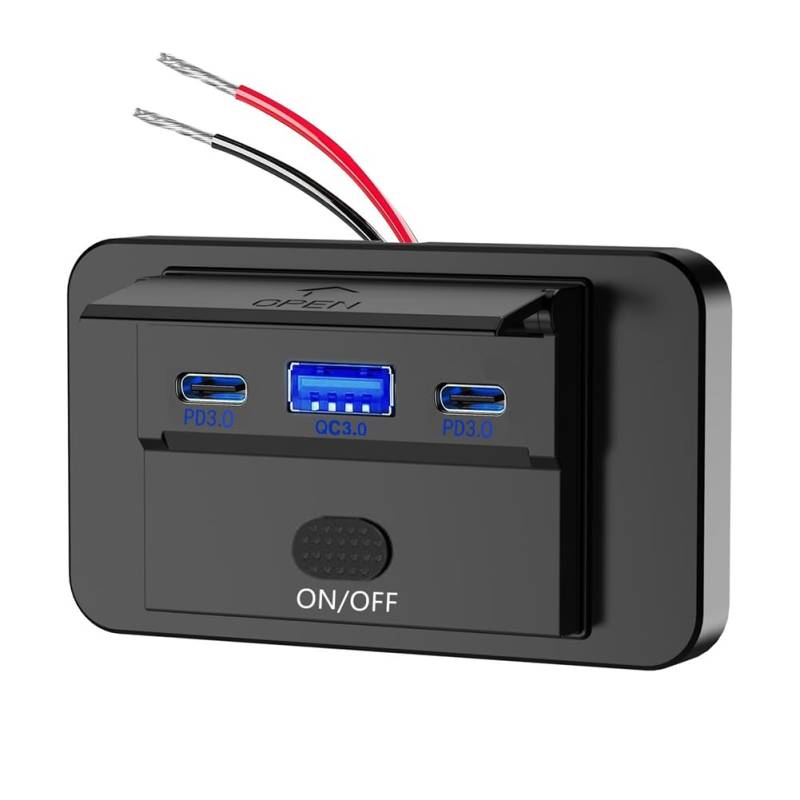 Breeshy NEU 12-24 V PD Typ-C USB-Anschlüsse QC3.0 und PD3.0 mit Schalter Schnelllade-USB-Powerpanel für Auto, Wohnmobil, Blau von Breeshy