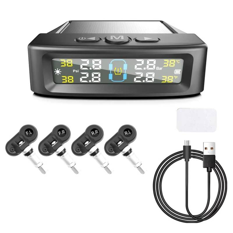 Breeshy Temperaturwarnung Kraftstoff Sparen Reifendrucküberwachungssystem Solar TPMS 4 Externe Sensoren Auto Reifendruckkontrolle A von Breeshy