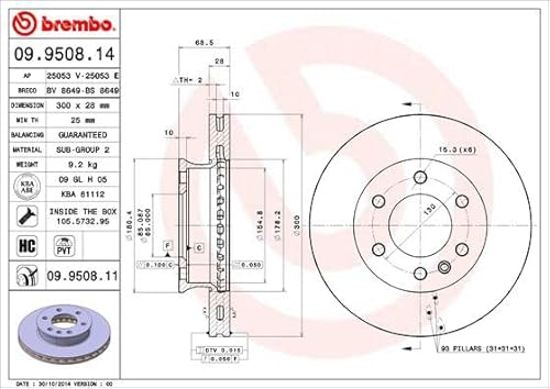 2 Bremsscheiben Coated Disc Line belüftet 300 mm Vorne von Brembo Innenbelüftet (09.9508.11) Bremsanlage Bremsscheibenset, Scheibenbremse, Satz, Bremsscheibensatz von Brembo Bundle