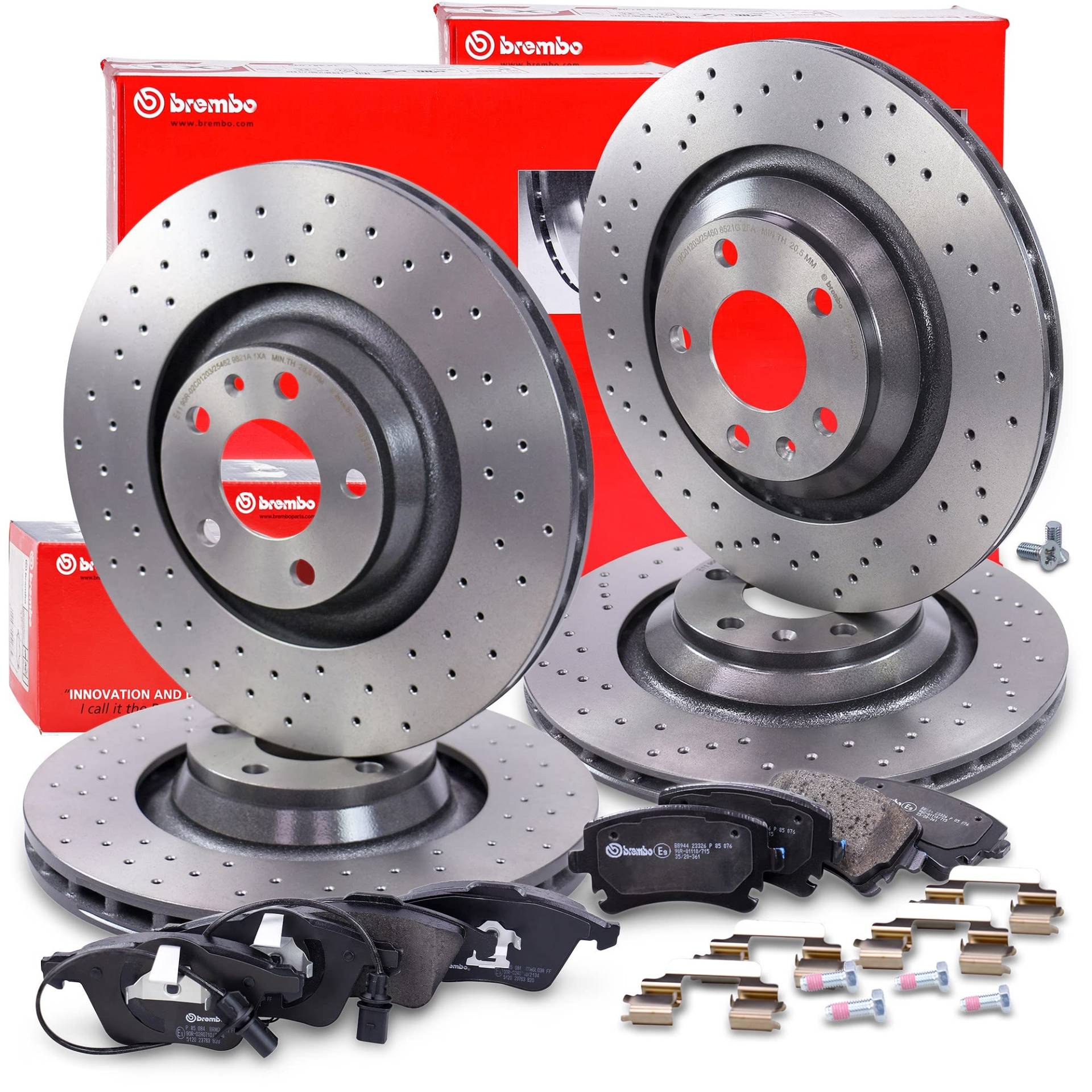 BREMBO Set di freni XTRA LINE dischi freno sportivi forati anteriori Ø 347 mm ventilati + posteriori Ø 330 mm ventilati + pastiglie freno anteriori e posteriori Compatibile con AUDI A6 C6 (4F2)(4F5) von Brembo