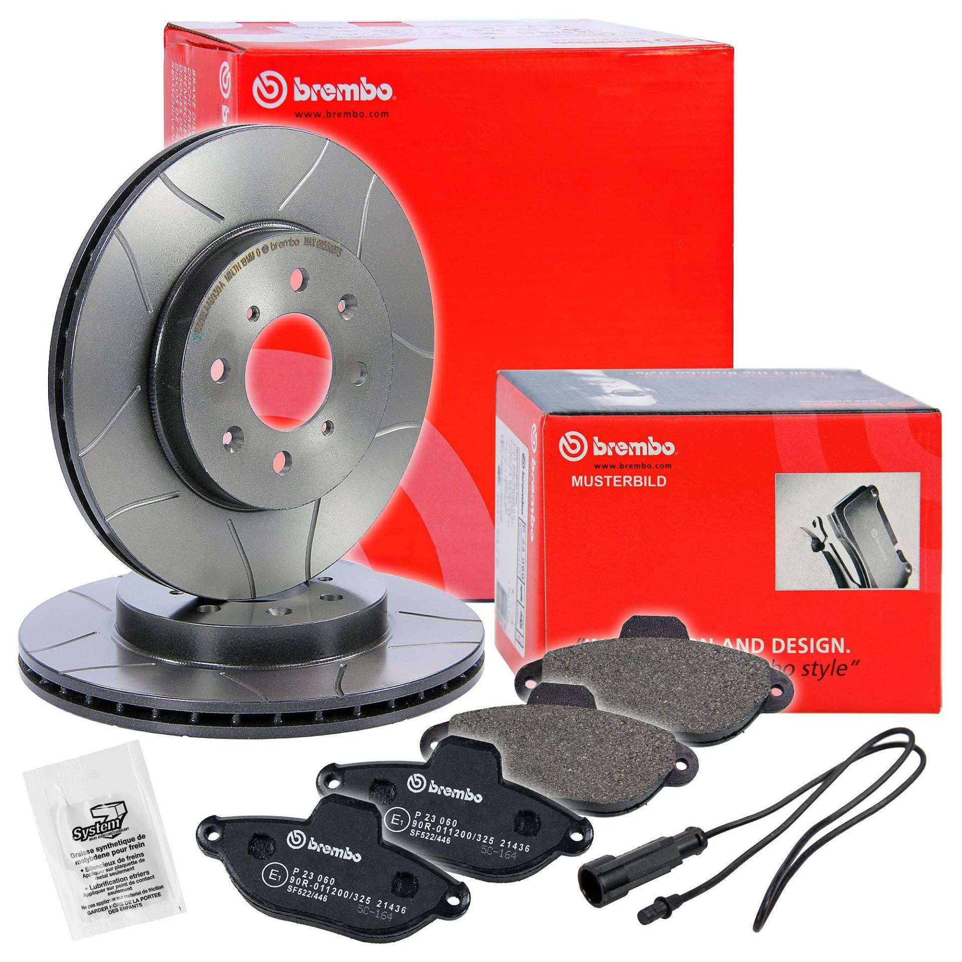 BREMBO Sport Max Bremsenset Vorderachse inkl. Geschlitzte Sport-Bremsscheiben Vorne Ø 262 mm Belüftet und Bremsbeläge Vorne + Verschleißkontakt von Brembo