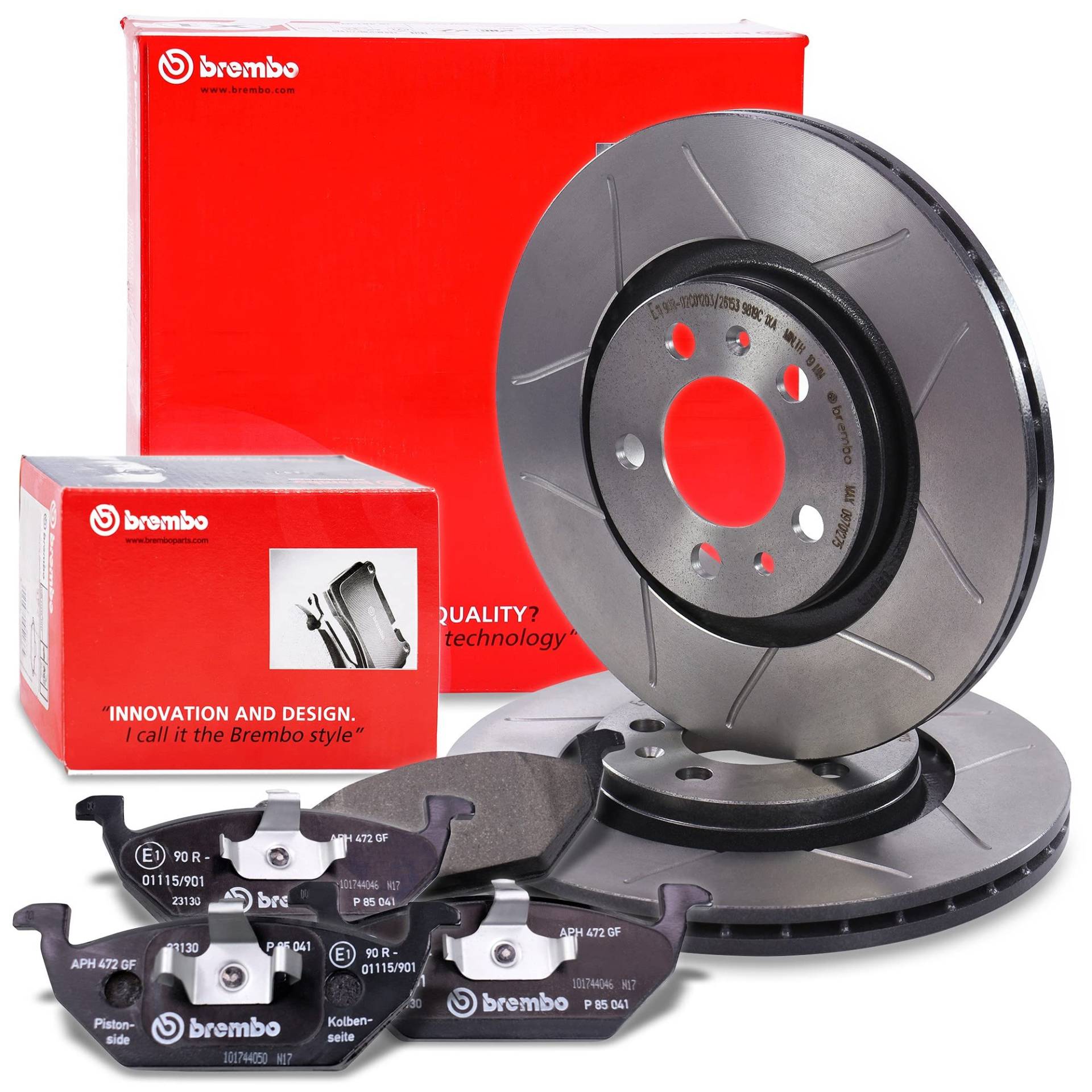 BREMBO Sport Max Bremsenset Vorderachse inkl. Geschlitzte Sport-Bremsscheiben Vorne Ø 280 mm Belüftet und Bremsbeläge Vorne von Brembo