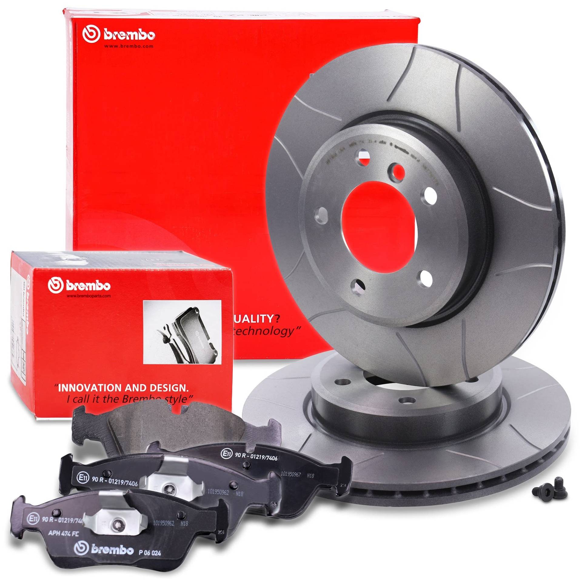 BREMBO Sport Max Bremsenset Vorderachse inkl. Geschlitzte Sport-Bremsscheiben Vorne Ø 300 mm Belüftet und Bremsbeläge Vorne von Brembo